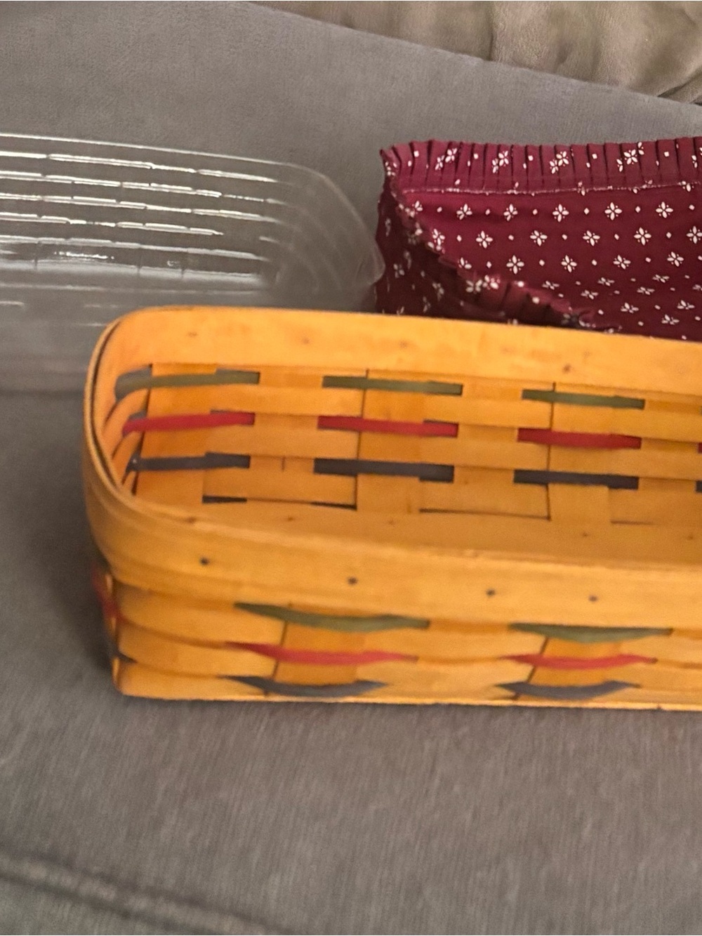 Vintage 1999 Longaberger Woven Basket with Maroon Floral Lined Basket Interior